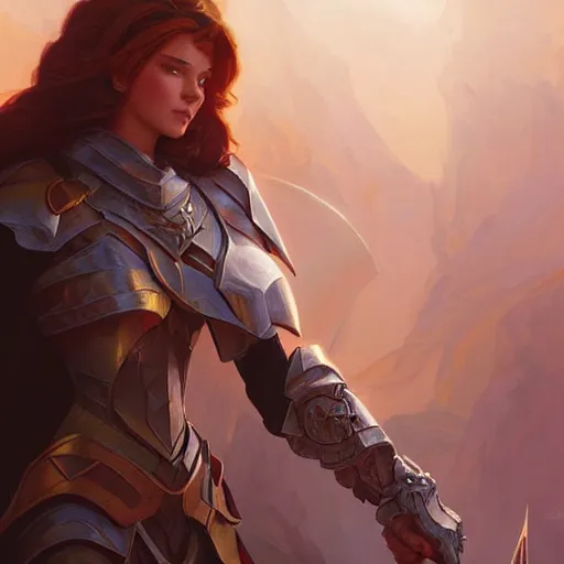 Image similar to female paladin, D&D, highly detailed, digital painting, artstation, concept art, sharp focus, illustration, cinematic lighting, art by artgerm and greg rutkowski and alphonse mucha