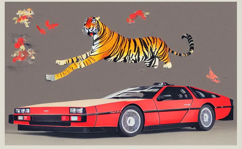 Image similar to a red delorean with a yellow tiger, art by hsiao - ron cheng and utagawa kunisada in a magazine collage, # de 9 5 f 0