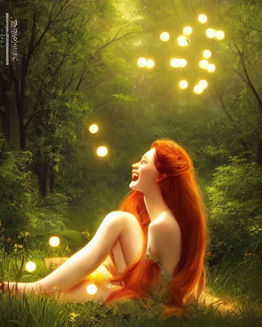 Image similar to a happy young woman, admiring the lights of golden fireflies, sitting in the midst of nature with a wonderful dress, long loose red hair, bright green eyes, small nose with freckles, triangle shape face, smiling, romantic scene, golden ratio, high contrast, photo realistic digital art by caravaggio and artgerm.