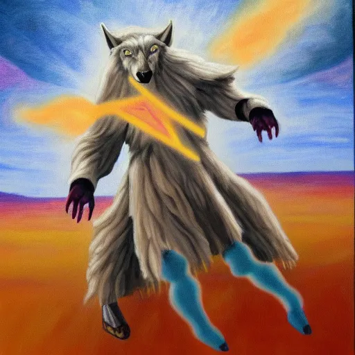 Image similar to an anthromorphic wolf jedi using the force to levitate a sheep, by amanda clark in a psychedelic style, oil on canvas