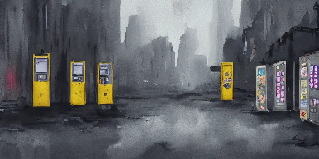 Prompt: a dusty deserted city, a girl with a parka and a yellow umbrella, broken vending machines, ultrawide, simple watercolor in the style of Ghost in the Shell