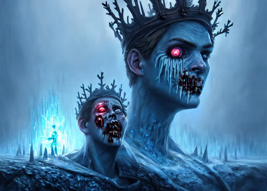 Prompt: frozen zombie man with a crown, eyes glow blue, broken ship in the background, is at dawn and bluish, fantasy, intricate, elegant, highly detailed, digital painting, artstation, concept art, matte, sharp focus, illustration, art by aenaluck and roberto ferri and greg rutkowski, epic fantasy, digital painting