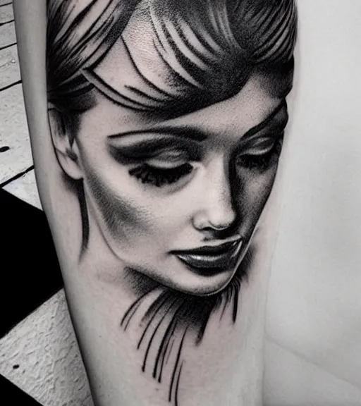 Image similar to tattoo design sketch of a beautiful woman face against a background of lago di sorapis, hyper - realistic, in the style of den yakovlev, amazing detail, black and white