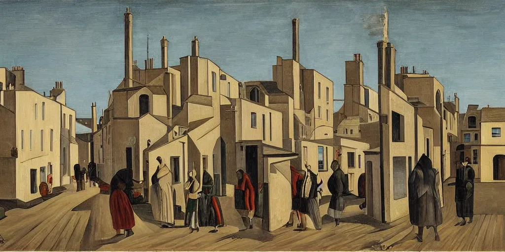 Prompt: a painting of street life in kirkwall, orkney, people,houses, by Giorgio de Chirico