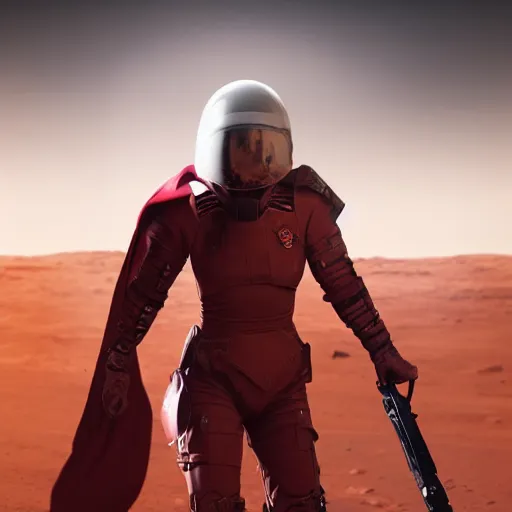 Image similar to a young female soldier, no makeup, wearing glossy sleek white bloodstained dinged scuffed armor and a long torn red cape, heroic posture, determined expression, elegant, no helmet, on the surface of mars, dramatic lighting, cinematic, sci-fi, hyperrealistic, detailed