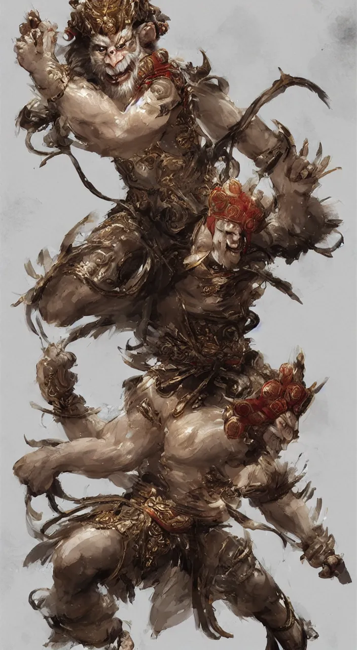 Prompt: concept art of monkey king 孙 悟 空 from chinese myth 西 游 记, 紫 金 冠, 黄 金 甲, character design, artstation by jean - baptiste monge and craig mullins and greg rutkowsk and feng zhu