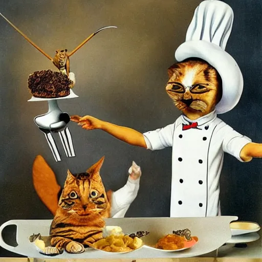 Image similar to anthropomorphic cats chef competing at the Masterchef TV show, by Salvador Dali