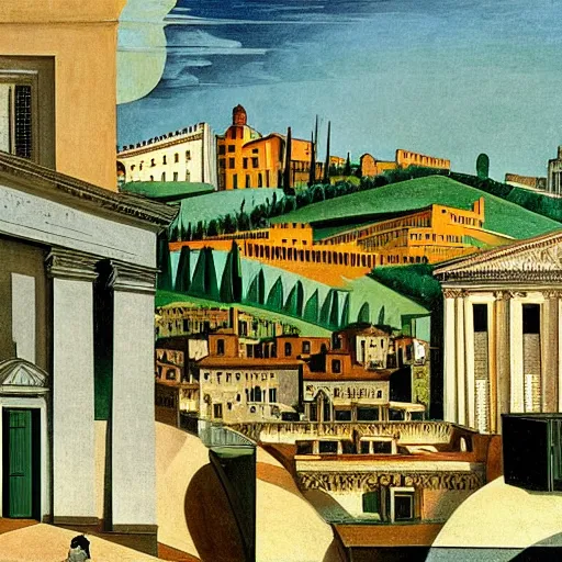 Image similar to solarpunk dreaming new York stock exchange in a toscana landscape with modern houses, painted by Giorgio de Chirico, highly detailed