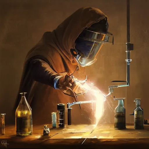 Prompt: medieval fantasy alchemist wearing a hood working in laboratory, oil painting, by Greg Rutkowski