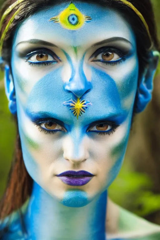 Prompt: a romanian woman dressed as a blue-skinned female navi from avatar standing in a forest, blue body paint, high resolution film still, 8k, HDR colors, cosplay, outdoor lighting, high resolution photograph, photo by bruce weber, beautiful symmetric face, beautiful gazing eyes