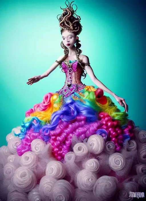 Prompt: A full body shot of a cute and mischievous monster princess with hair made of tentacles wearing an ornate ball gown covered in jewels. Dynamic Pose. Quinceanera dress. Rainbow palette. rainbowcore. Eldritch Beauty. defined facial features, symmetrical facial features. Opalescent surface. beautiful lighting. By Giger and Ruan Jia and Artgerm and WLOP and William-Adolphe Bouguereau. Photo real. Hyper-real. Photorealism. Fantasy Illustration. Sailor Moon hair. Masterpiece. trending on artstation, featured on pixiv, award winning, cinematic composition, dramatic pose, sharp, details, Hyper-detailed, HD, HDR, 4K, 8K.