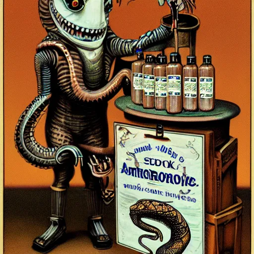 Prompt: a grinning anthropomorphic snake selling bottles of medicine, fantasy, steampunk, hr giger