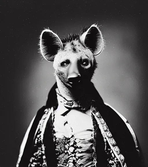 Prompt: professional studio photo portrait of anthro anthropomorphic spotted hyena head animal person fursona wearing elaborate pompous royal robes clothes by Louis Daguerre daguerreotype tintype