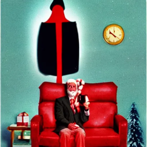 Image similar to an alien stands on a chair and tells a poem to santa claus, soviet apartment, top secret style photo, 1 9 7 0 s