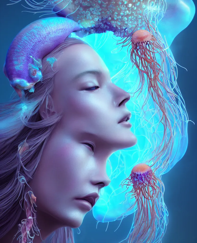 Image similar to goddess close-up portrait. orchid jellyfish phoenix head, nautilus, skull, betta fish, bioluminiscent creatures, intricate artwork by Tooth Wu and wlop and beeple. octane render, trending on artstation, greg rutkowski very coherent symmetrical artwork. cinematic, hyper realism, high detail, octane render, 8k