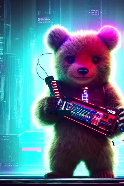 Image similar to high quality 3 d render very cute fluffy cyberpunk! bear!! plays electric guitar, cyberpunk highly detailed, unreal engine cinematic smooth, in the style of blade runner & detective pikachu, hannah yata charlie immer, moody light, low angle, uhd 8 k, sharp focus