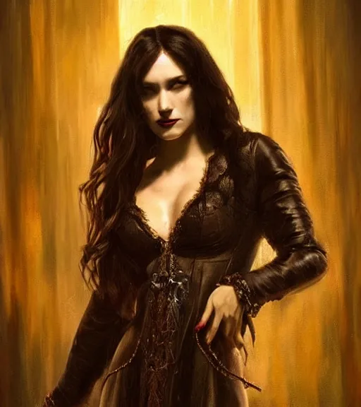 Image similar to majestic gracious regal aristocratic brunette female vampire portrait, random indoors setting!!!, atmospheric lighting!!, painted, menacing, intricate, beautiful, deep colours masterpiece!!, ( golden hour ), sharp focus!, ultra detailed, by leesha hannigan, ross tran, thierry doizon, kai carpenter, ignacio fernandez rios