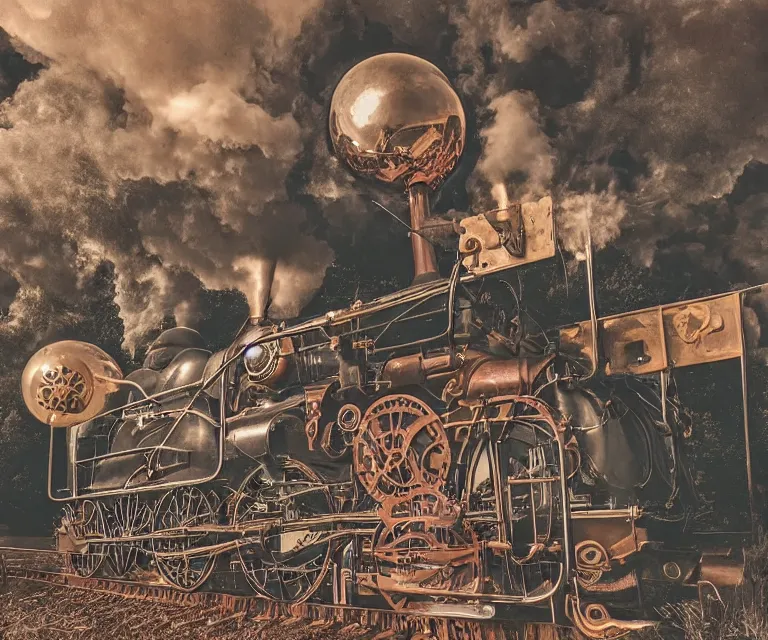 Image similar to steampunk countryside, 1 9 2 0 s, steam trains, blimps, rose gold