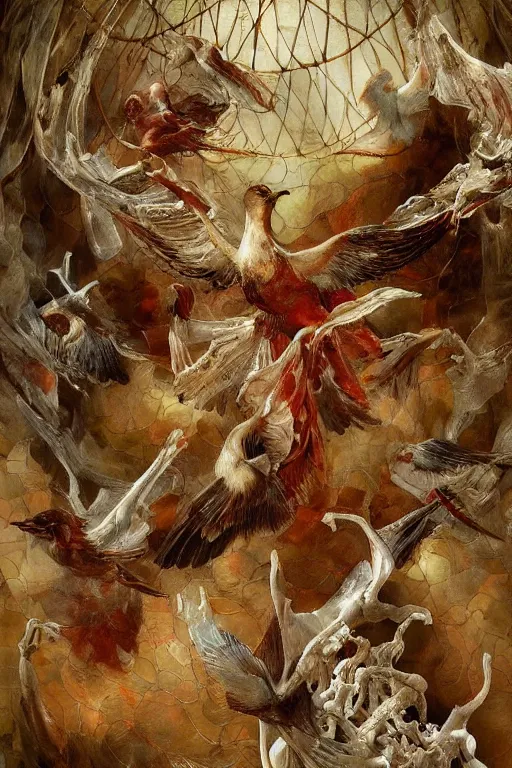 Prompt: breathtaking detailed soft painting of a flight of numerous birds in silk veils, by guillermo lorca, a white water splash in bleeding meat and flesh, dynamic pose and movement, in an intricate art nouveau stained glass of bones and meat, rembrandt style, elegant, highly detailed, artstation, concept art, matte, sharp focus,