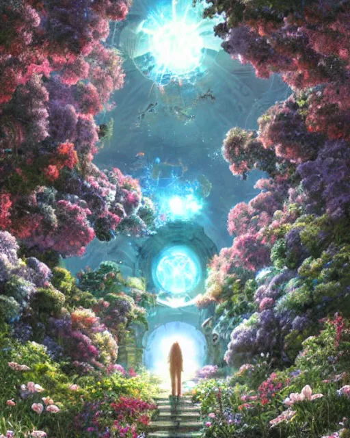 Image similar to portal to paradise, 8 k high definition, advanced technology, beams of energy, pathway, flowers, machines, perfect relationship, love, masterpiece, art by akihiko yoshida, antilous chao, woo kim