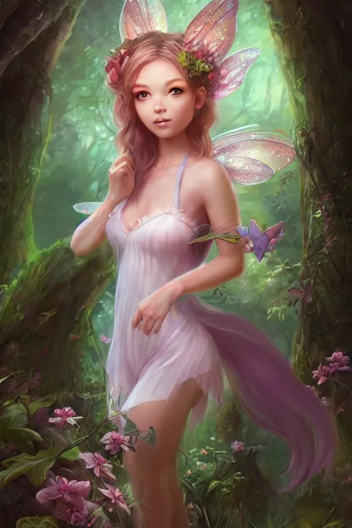 Image similar to a cute fairy in the dreamy forest, fantasy, 8 k resolution, hyper detailed, d & d, character design, digital painting, trending on artstation, sharp focus, illustration, art by artgerm, steve zheng, fuji choko, viktoria gavrilenko, hoang lap