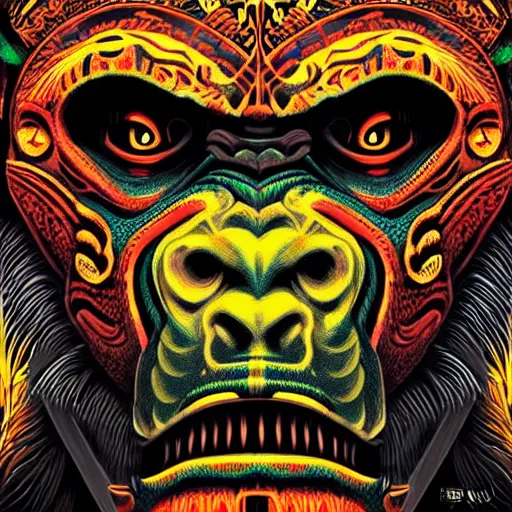 Image similar to barong family member face, face close up, wiwek, mara demon, one single tribe member, jungle, one single mask, dark, ancient warrior, gorilla, lizard, tribal, inner glow, art by dan mumford and justin gerard