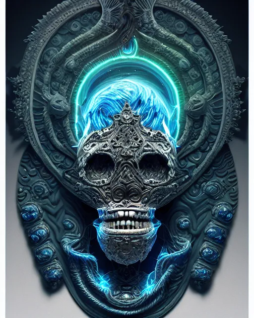 Image similar to 3 d ornate carved dark cosmic king with profile portrait, sigma 5 0 0 mm f / 5. beautiful intricate highly detailed quetzalcoatl skull. bioluminescent, plasma, lava, ice, water, wind, creature, thunderstorm! artwork by tooth wu and wlop and beeple and greg rutkowski, 8 k trending on artstation