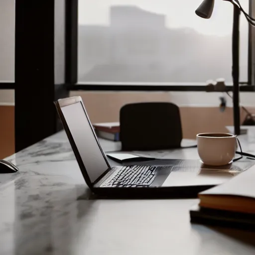 Image similar to a marble statue sitting at a desk with a frustration expression and a laptop, desk lamp and coffee cup on the desk, with a window letting in some sun light