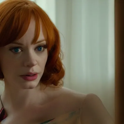 Prompt: amazing beautiful Christina Hendricks with an amazed look on her face in the living room, film still from the movie directed by Denis Villeneuve , wide lens