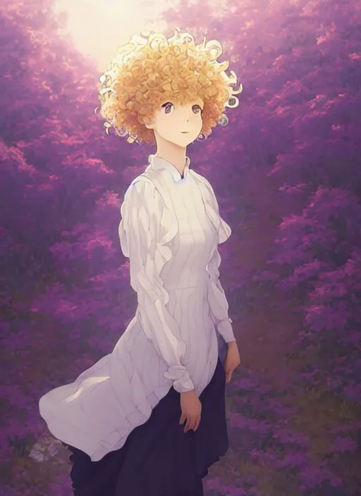 Prompt: Painting of a cottagecore witch with poofy curly strawberry hair in the style of Violet Evergarden, beautiful anime art style, winged eyelashes, countryside, calm, fantasy character portrait, dark outlines, dynamic pose, above view, sunny day, artwork by Makoto Shinkai, very coherent asymmetrical artwork, sharp edges, perfect face, simple form, 100mm