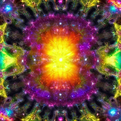 Image similar to a painting of a black portal!! in outer space, surrounded by fractals!, galaxies, and clouds!! of kaleidoscopic colors, trending on art station