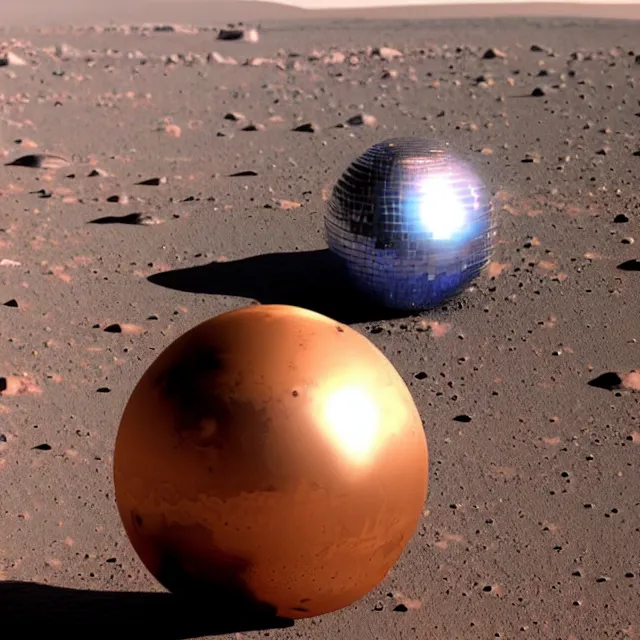 Prompt: a disco ball resting on the surface of mars, disco ball on mars, photograph, color photo