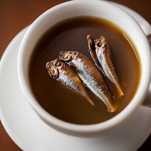 Prompt: anchovies floating in a white porcelain cup of chai tea, macro restaurant photo