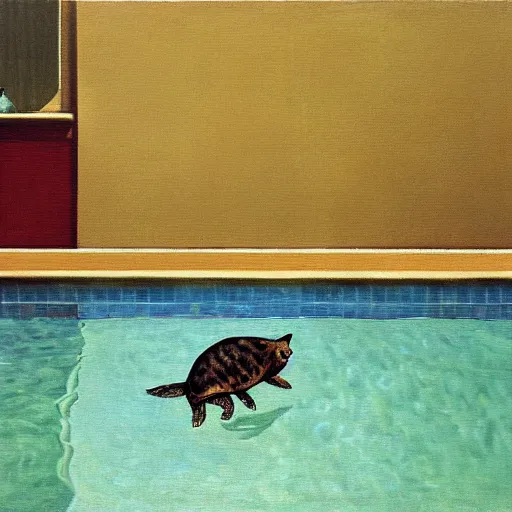 Prompt: painting of a cat playing with a turtle in a swimming pool, impressionism, art by Magritte