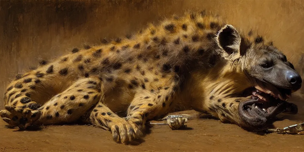 Image similar to an exhausted hyena wearing tshit and jeans sitting on the floor. highly detailed painting by gaston bussiere, craig mullins, j. c. leyendecker 8 k