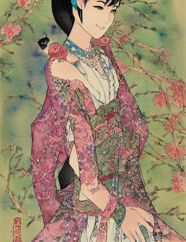 Prompt: central asian woman with cat ears, wearing a lovely dress. this watercolor painting by the award - winning mangaka has impeccable lighting, an interesting color scheme and intricate details.