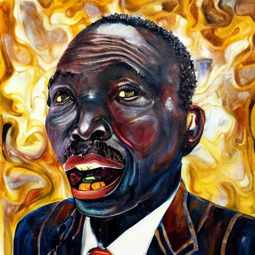 Image similar to a painting of a fatherly wide forehead, round face, XXL , loving, caring, generous, ever-present, humble, wise elder from Kenya in a suit by Wangechi Mutu . Fatherly/daddy, focused, loving, leader, relaxed. blue background, ethereal lights, details, smooth, sharp focus, illustration, realistic, cinematic, artstation, award winning, rgb , unreal engine, octane render, cinematic light, macro, depth of field, blur, , highly detailed epic cinematic concept art CG render made in Maya, Blender and Photoshop, octane render, excellent composition, dynamic dramatic cinematic lighting, aesthetic, very inspirational, arthouse.