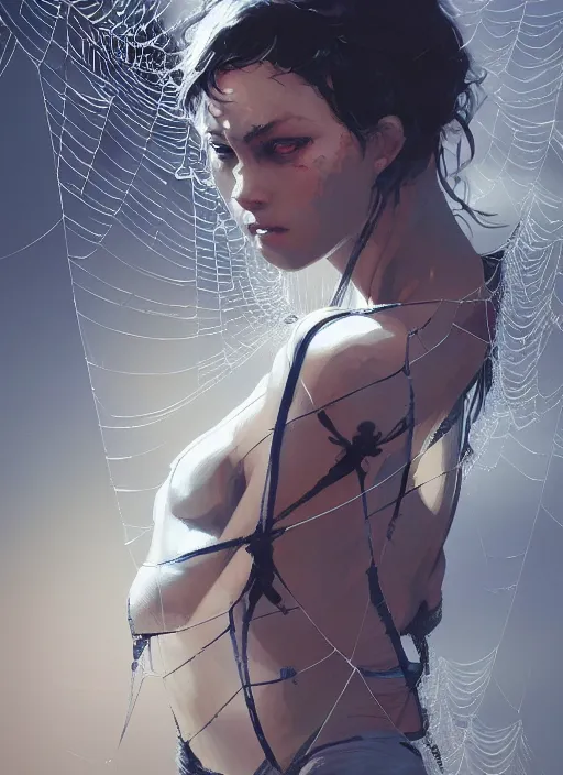 Image similar to painting of a woman in a spider web, highly detailed, digital painting, concept art, smooth, sharp focus, illustration, illustration by greg rutkowski, yoji shinkawa, 4 k, digital art, concept art, trending on artstation, 8 k