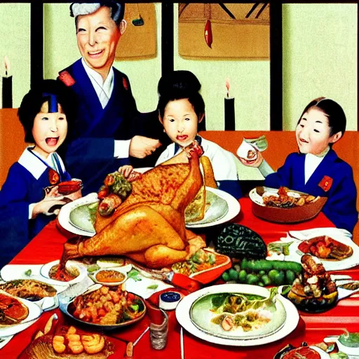 Prompt: normal rockwell's thanksgiving dinner illustration with japanese food. normal rockwell style. illustration. high quality.