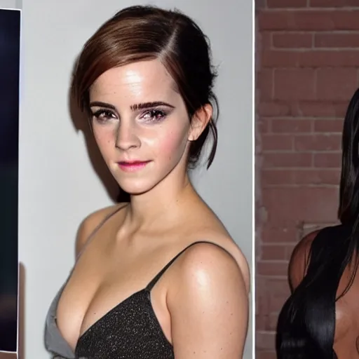 Image similar to a woman who is a genetic combination of emma watson and kim kardashian face and upper - body focus