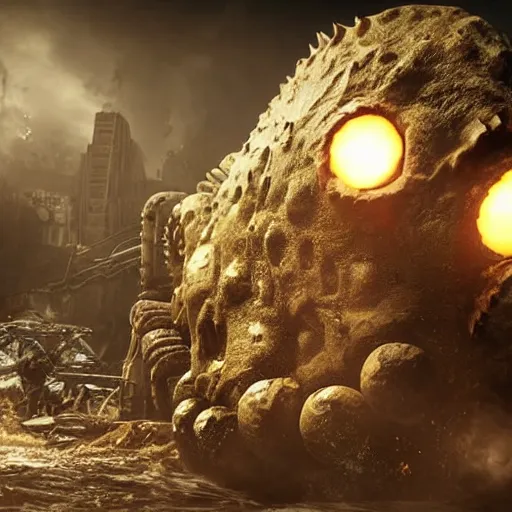 Prompt: evil large spongebob monster in gears of war, splash art, movie still, detailed face, photorealistic facial features, cinematic lighting, dramatic, octane render, long lens, shallow depth of field, bokeh, anamorphic lens flare, 8 k, hyper detailed, 3 5 mm film grain