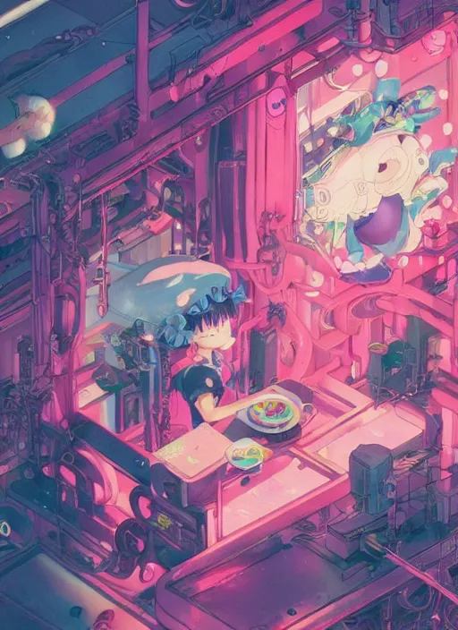 Image similar to a kawaii gouache painting, by yoshitaka amano, by victo ngai, by shaun tan, by good smile company, detailed anime 3 d render of an attractive male modular mechanical android, portrait, cgsociety, by peter mohrbacher, by lisa frank, futuristic setting, gel lighting neon glow