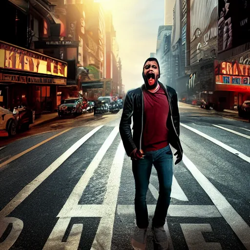 Prompt: broadway play poster of a young angry man screaming in the middle of street, high definition, highly detailed, photo-realistic, unreal engine render, 16k,