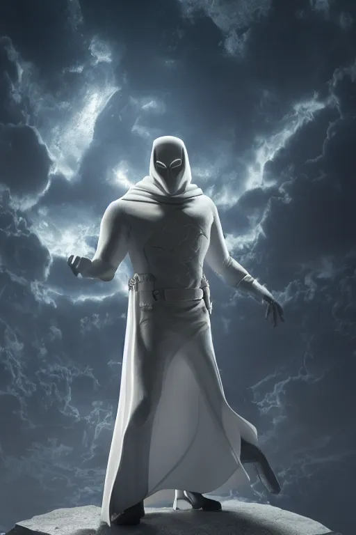 Image similar to hyperrealistic photography of Moon Knight mixed with Dardevil style of Hossein Diba, full-shot, merged character, 4k, highly detailed, cinematic lighting, photorealistic, 3d render, award winning render, unreal engine, masterpiece, octane render, sharp focus, studio lighting, 8k, hd