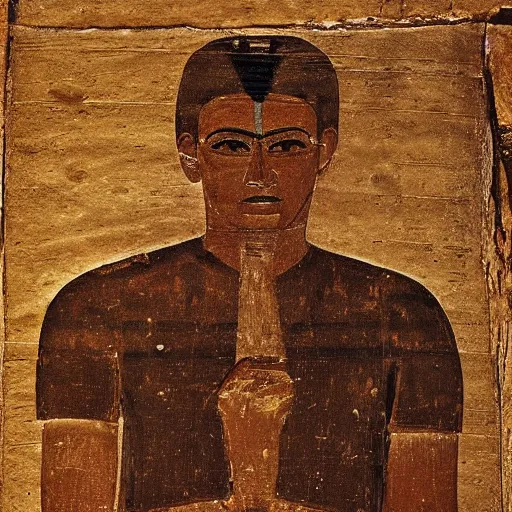 Prompt: fayum portrait of a man using a computer, mummy portrait, from egypt, from luxor, on wood