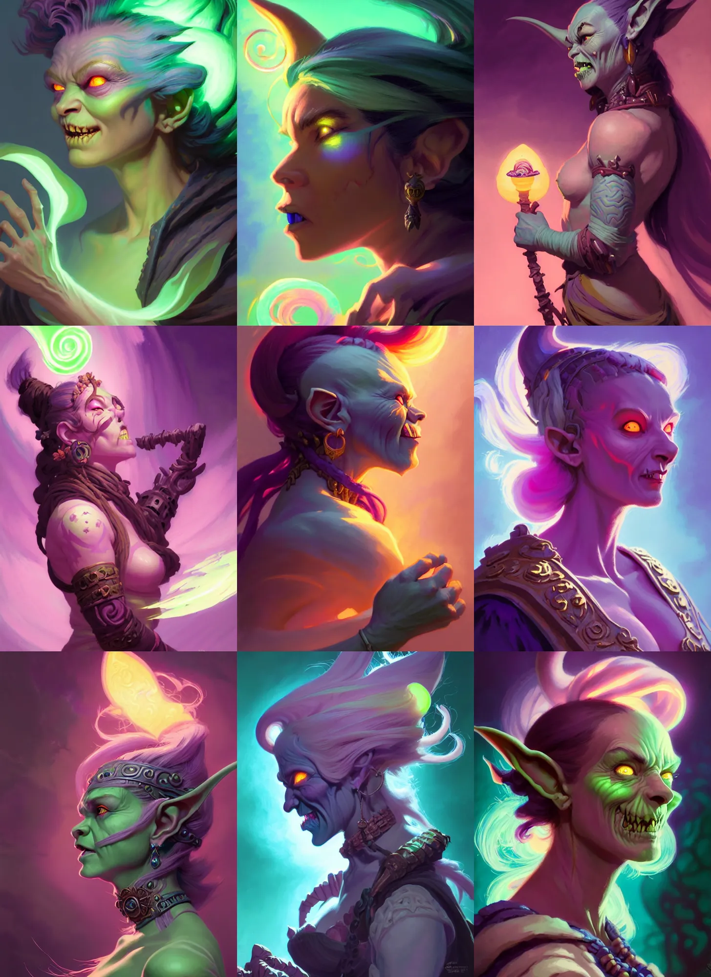 Prompt: side portrait, female goblin - orc necromancer, gloomhaven, luminescent, colorful swirly magic ripples, pastel colors, by greg manchess, huang guangjian, gil elvgren, sachin teng, greg rutkowski, jesper ejsing, ilya kuvshinov