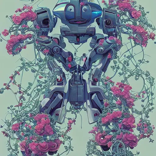 Prompt: mecha robot wrapped in flowers & vines, art by james jean & hsiao - ron cheng, colourful, sharp, detailed, digital painting, illustration, intricate detail, pinterest, behance, art station,