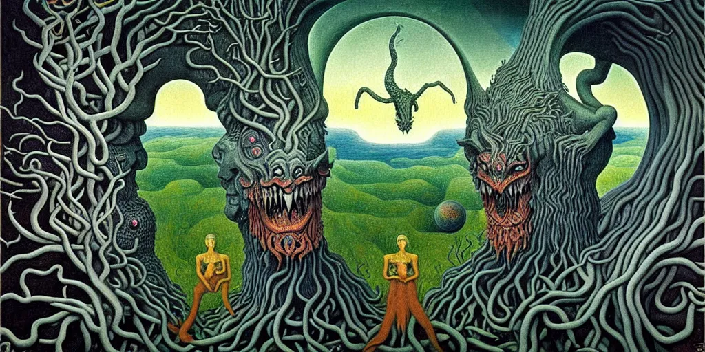 Image similar to mythical creatures and monsters in the imaginal realm of the collective unconscious, in a dark surreal painting by johfra, mc escher and ronny khalil