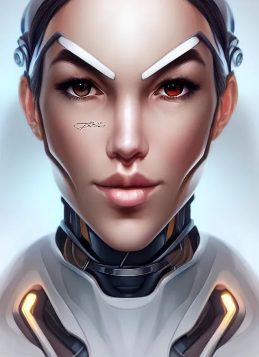 Image similar to portrait of a cyborg woman by Artgerm, (((((face turns left))))) (((face turns right+100))), eyes closed , biomechanical, hyper detailled, trending on artstation