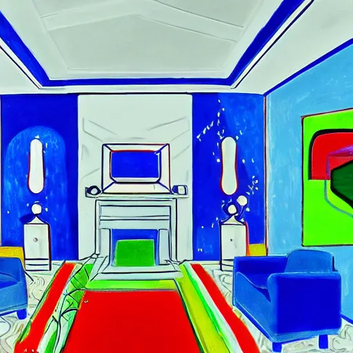 Image similar to hd photo of a living room, designed by and artist henri matisse paintings, wide lens, three point perspective, neon lights, highly detailed, unreal engine, photorealism